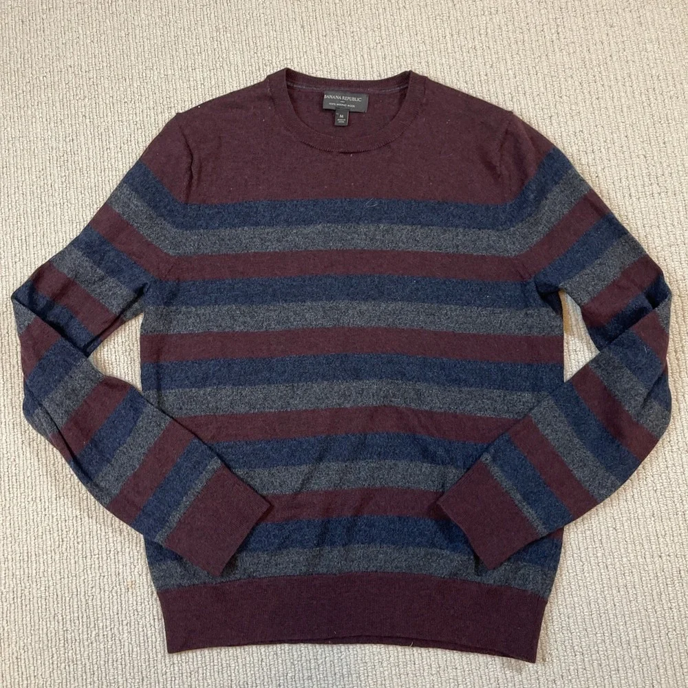 Banana Republic Sweater Mens Medium Striped Merino Wool Knit Crewneck Pullover